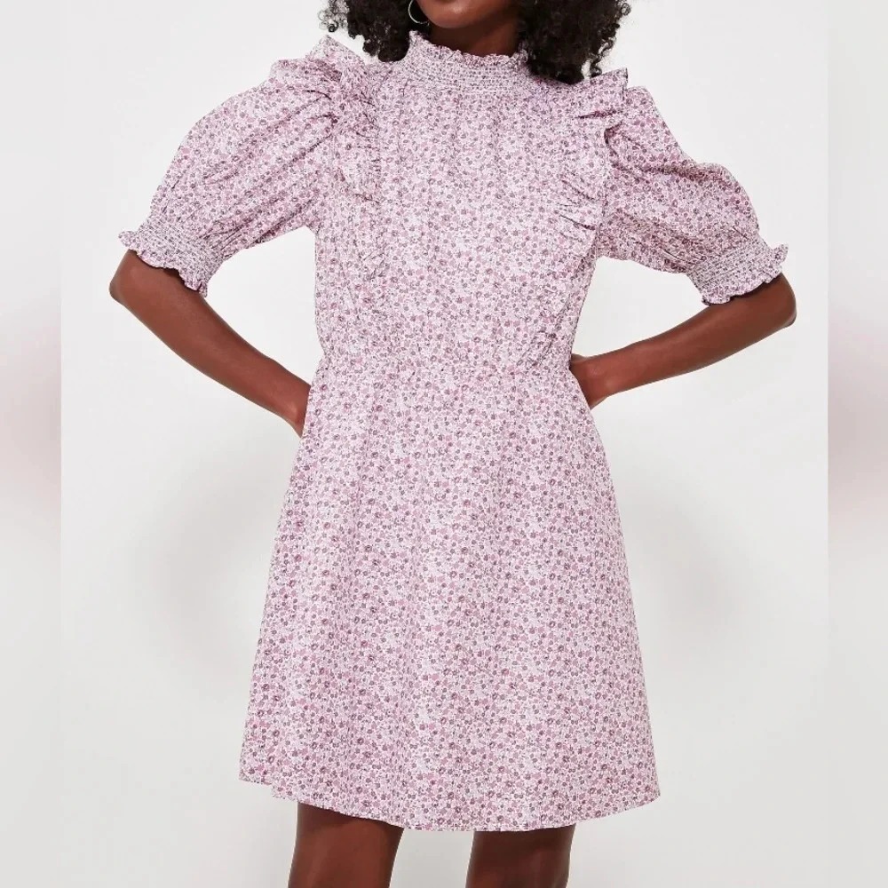 Hyacinth House English Factory Purple Floral Smocked Mock Neck Mini Dress XS